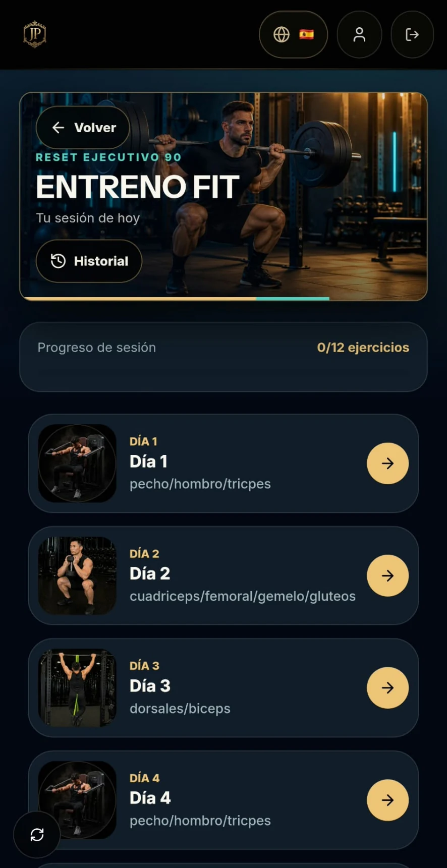 Pantalla real de la app: Entreno Fit · Días