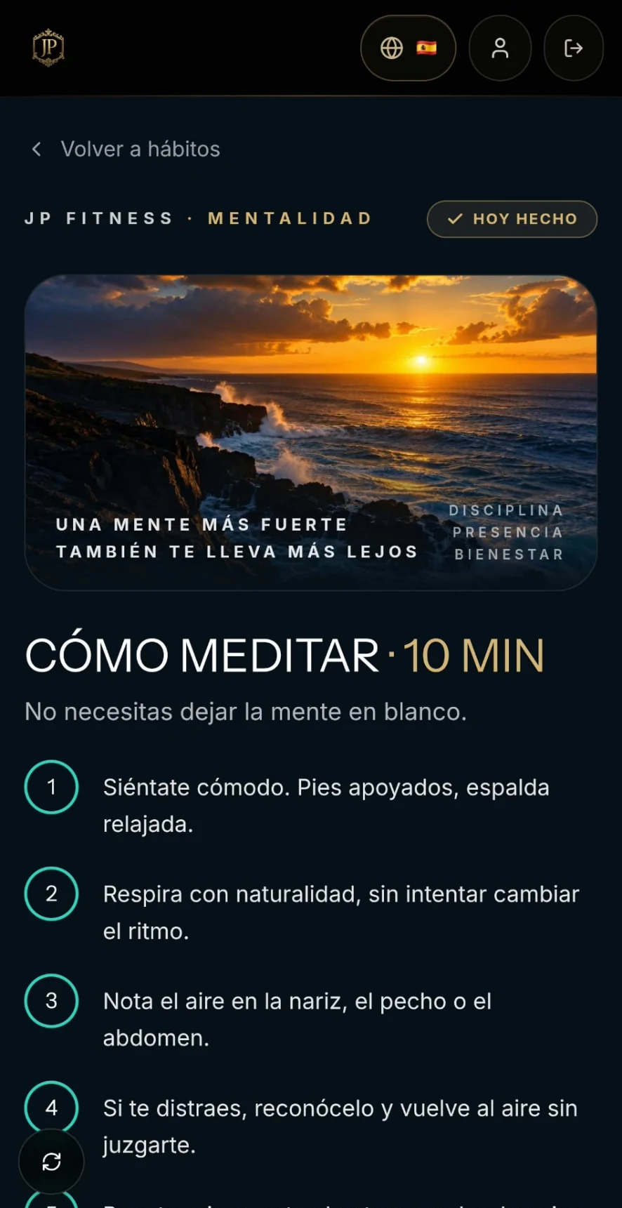 Pantalla real de la app: Mentalidad