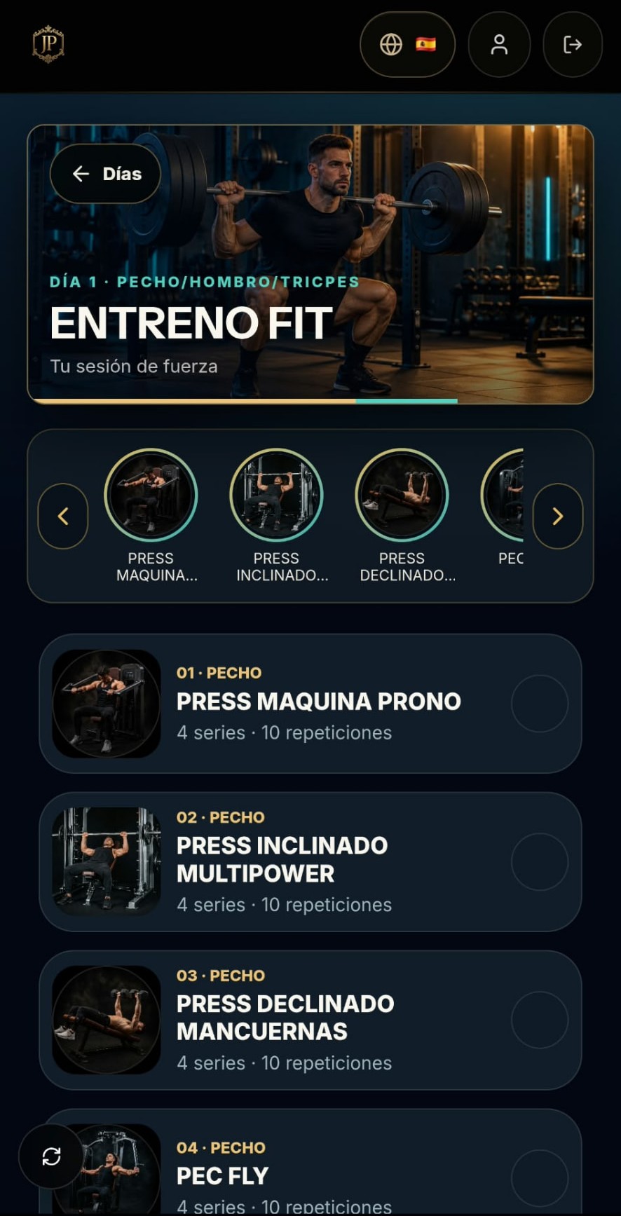 Pantalla real de la app: Entreno Fit