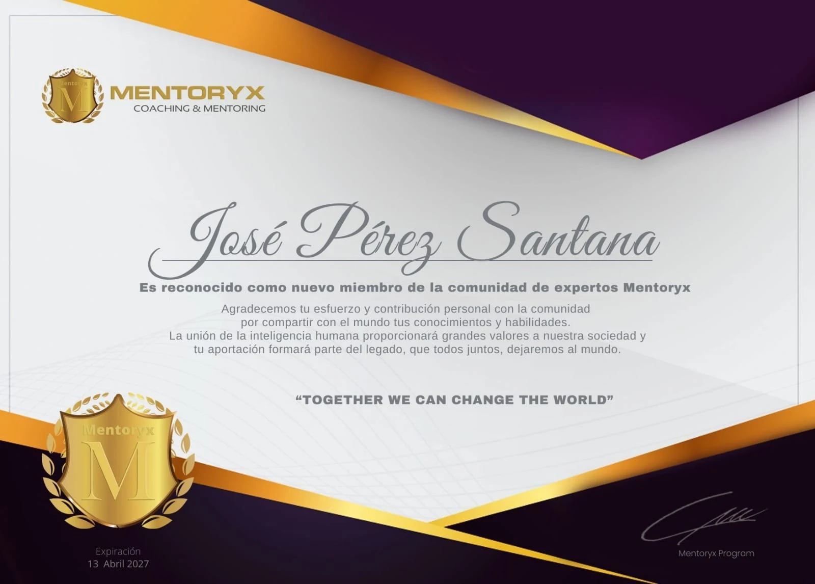 Reconocimiento de pertenencia a la comunidad de expertos Mentoryx emitido a José Pérez Santana