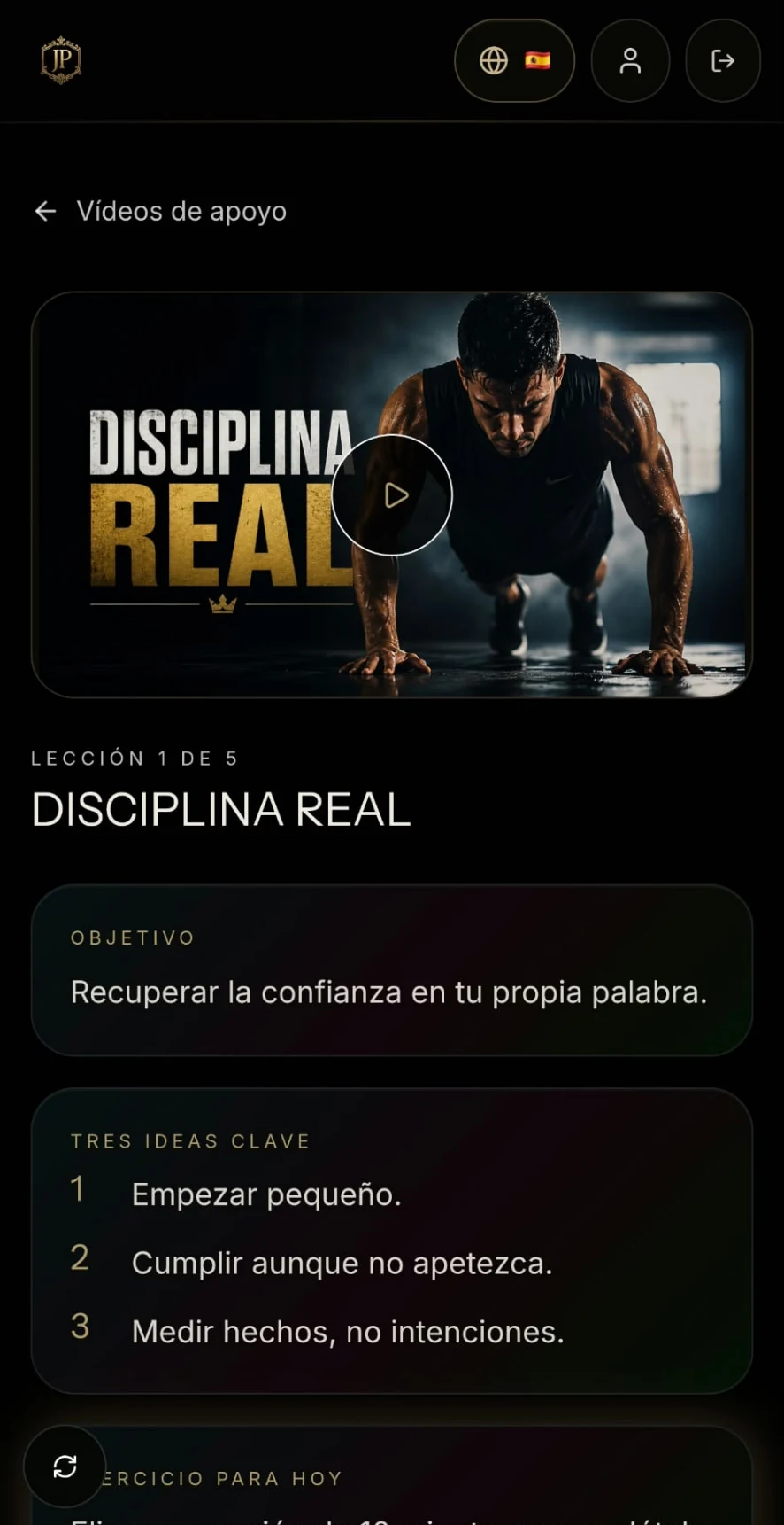 Pantalla real de la app: Vídeos de Apoyo · Lección