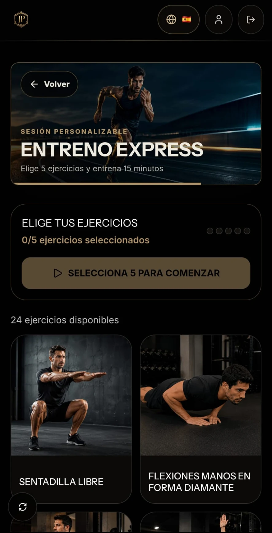 Pantalla real de la app: Entreno Express