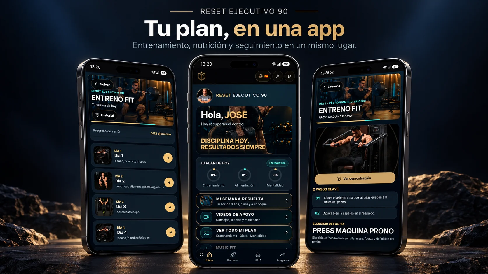 Vista de la app RESET EJECUTIVO 90: tres pantallas del móvil con el plan de entrenamiento, nutrición y seguimiento