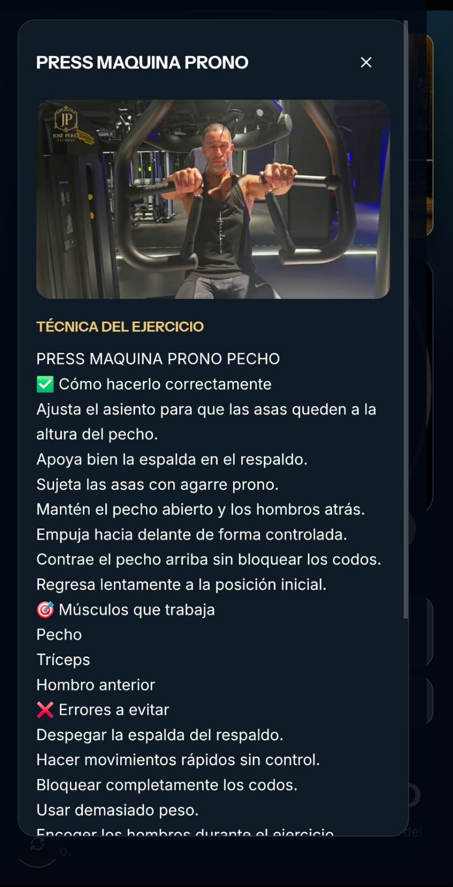 Pantalla real de la app: Técnica del ejercicio